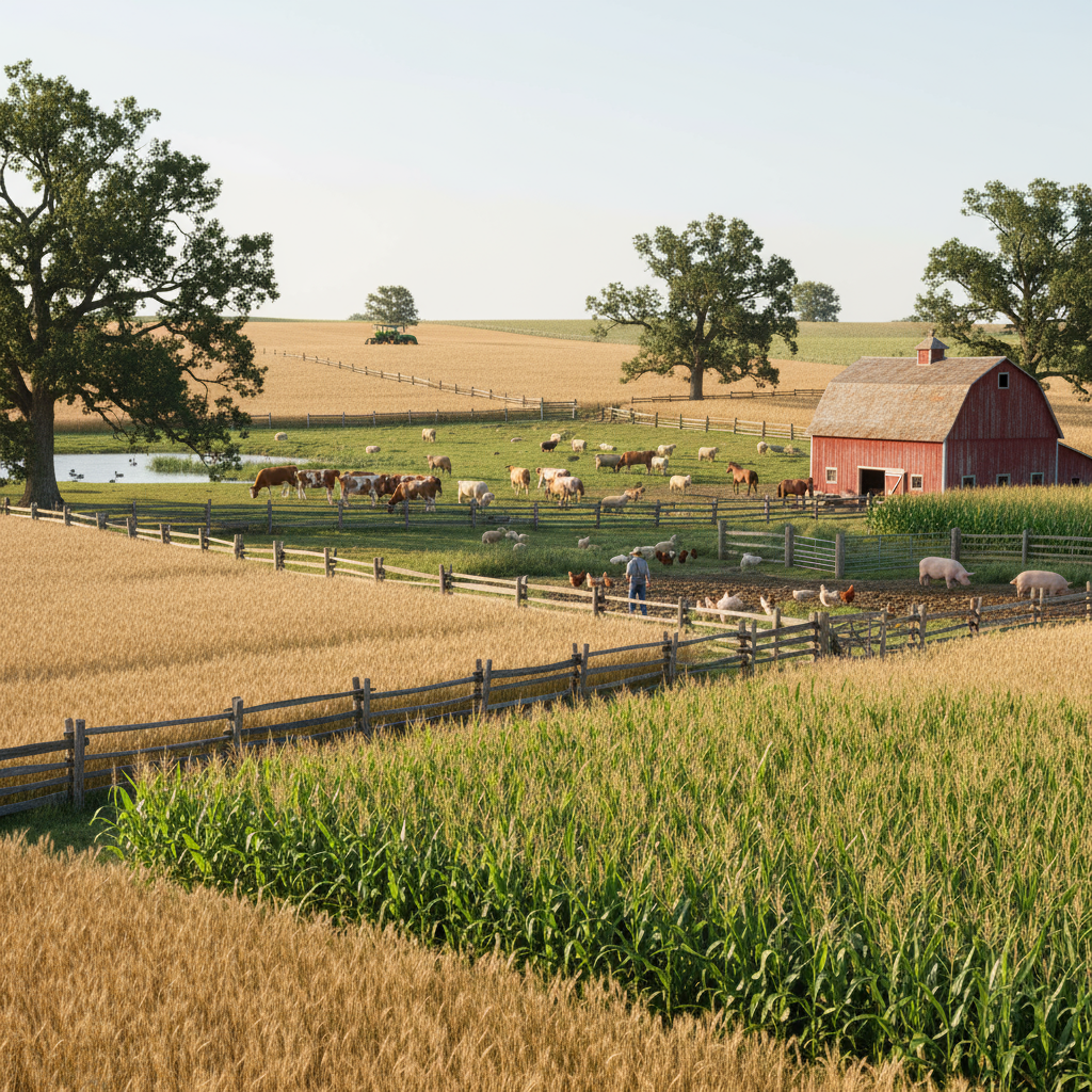 a highly realistic farm scene featuring both crops and livestock, without any signage or text. The image should show fields of crops and a variety of farm animals together in a natural, detailed setting.