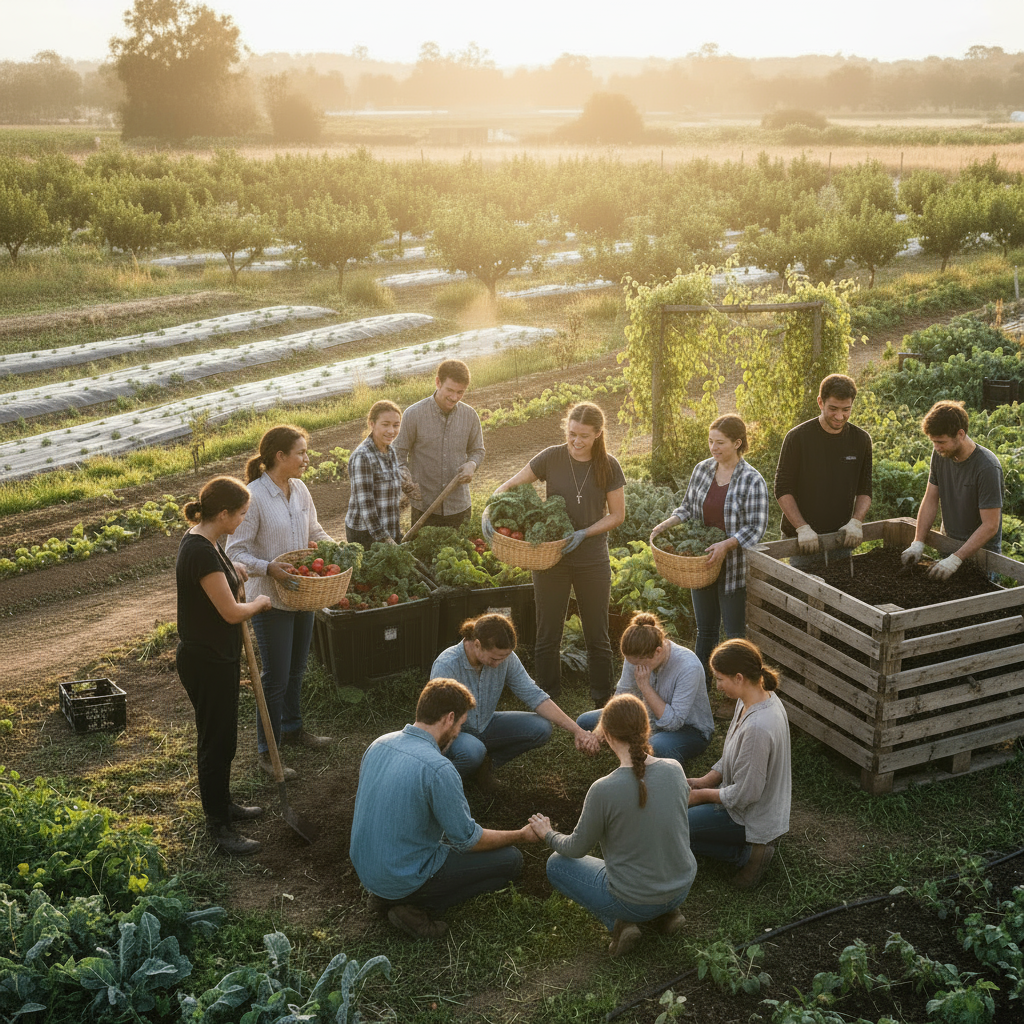 a realistic graphic depicting a diverse group of young people working together on a regenerative farm, showing community agriculture and empowerment. Include a realistic wooden cross hanging from a chain in the scene. Replace any sign that says faith and fertility.