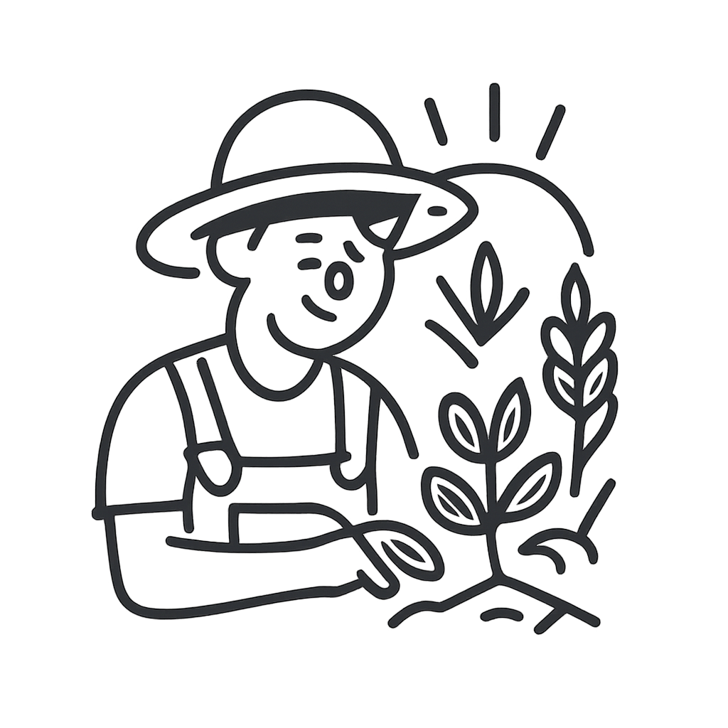 A simple black-and-white line drawing of a farmer smiling, holding a plant with leaves and stalk, positioned centrally wit...