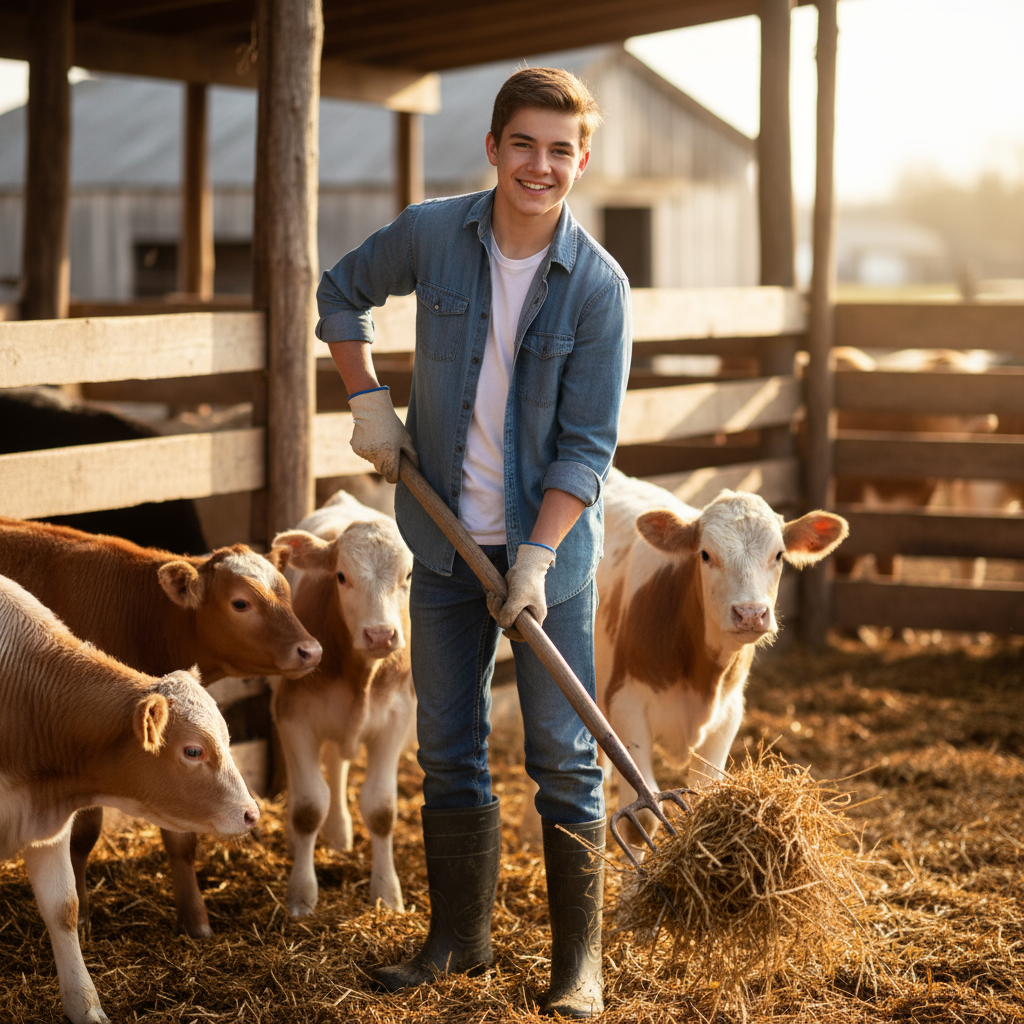 teenage boy smiling working with livestock in the pen