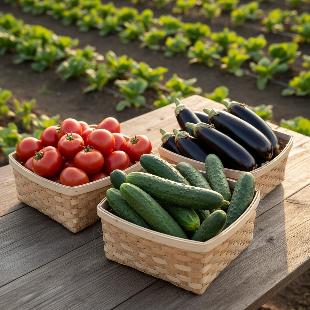 Basket of tomatoes, eggplants, and cucumbers on a garden table.