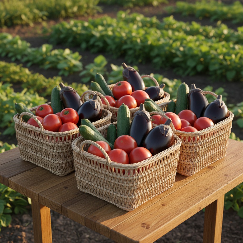 A collection of woven baskets filled with various vegetables, including tomatoes, eggplants, and cucumbers, sitting on a w...