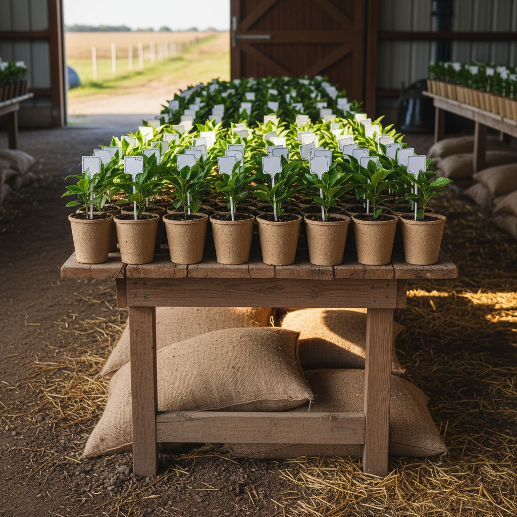 Row of potted plants on display in a barn.
