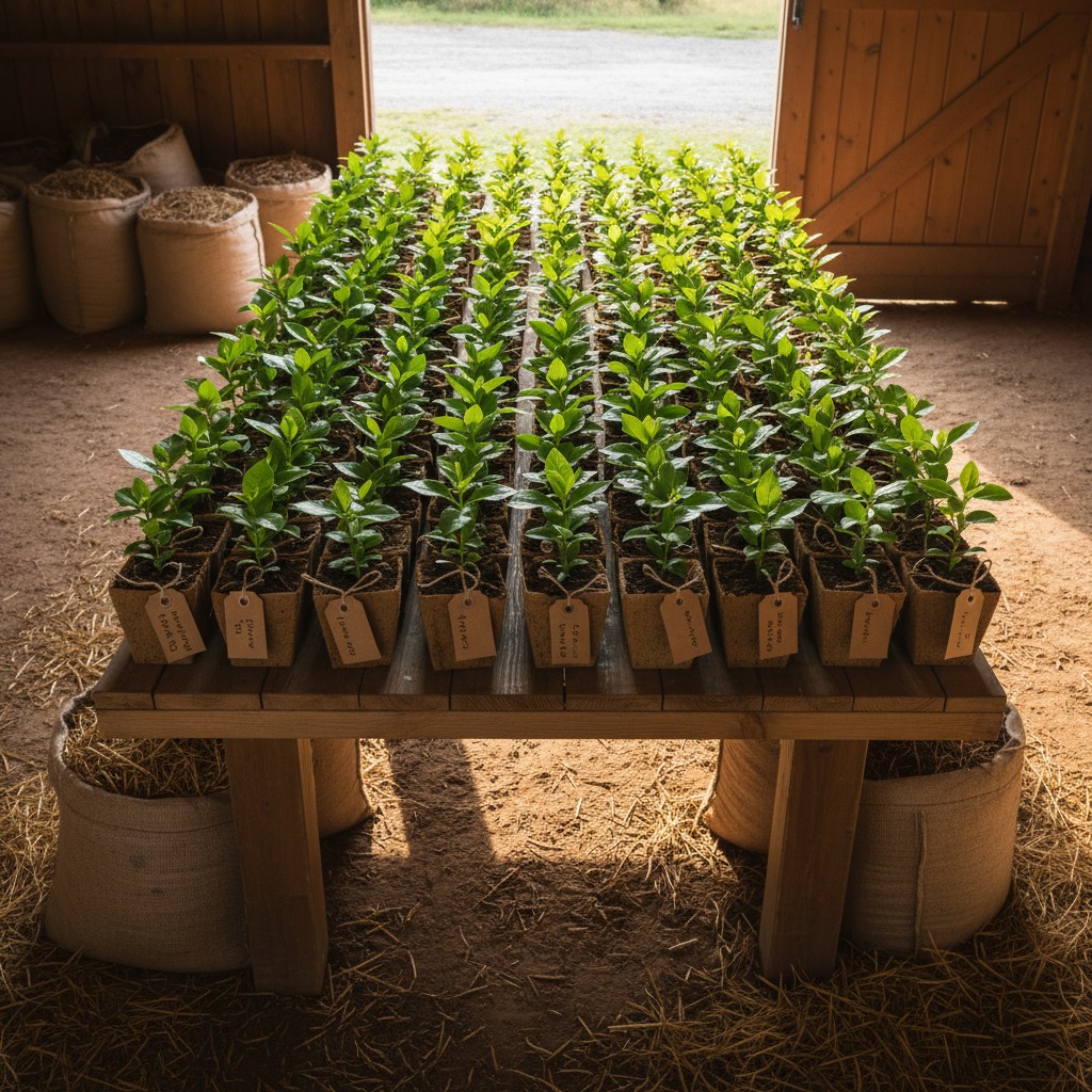 Rows of small, healthy-looking green plants planted in square pots line a recent harvest.