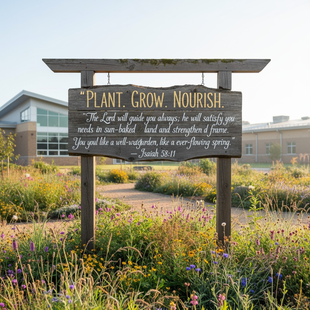 Image depicts an outdoor garden with a sign featuring a Bible verse.